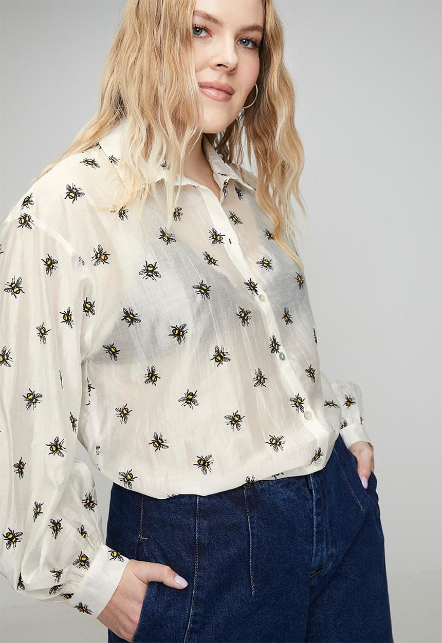 Me&B - Plus Embroidered Bee Bellow Sleeve Shirt - Yellow