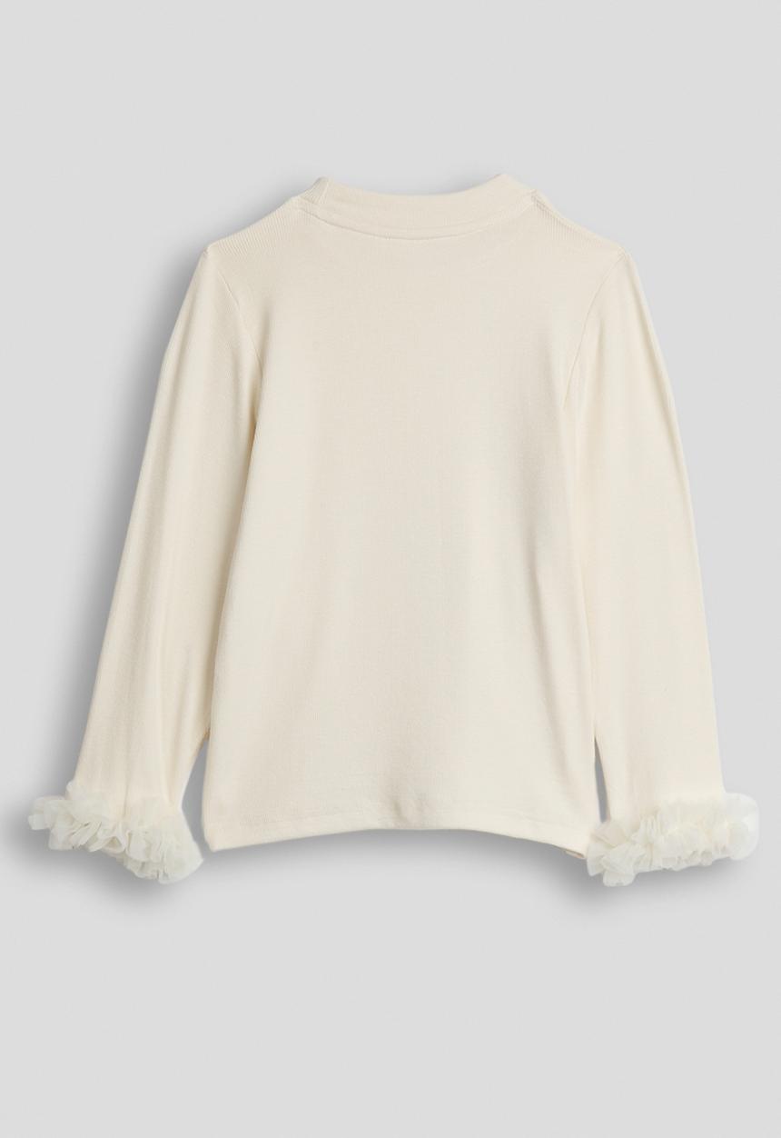 Pop Candy - Ribbed top with mesh ruffle cuffs - floral white
