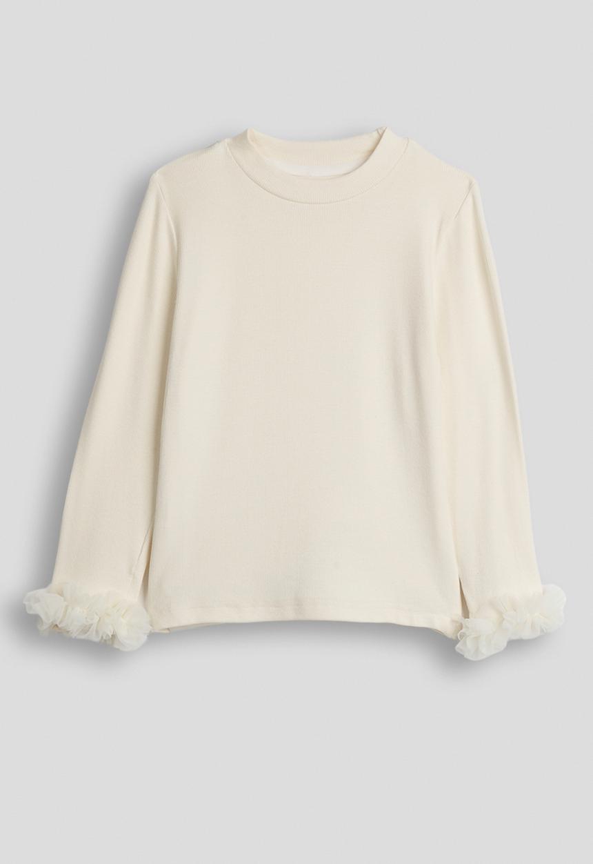 Pop Candy - Ribbed top with mesh ruffle cuffs - floral white