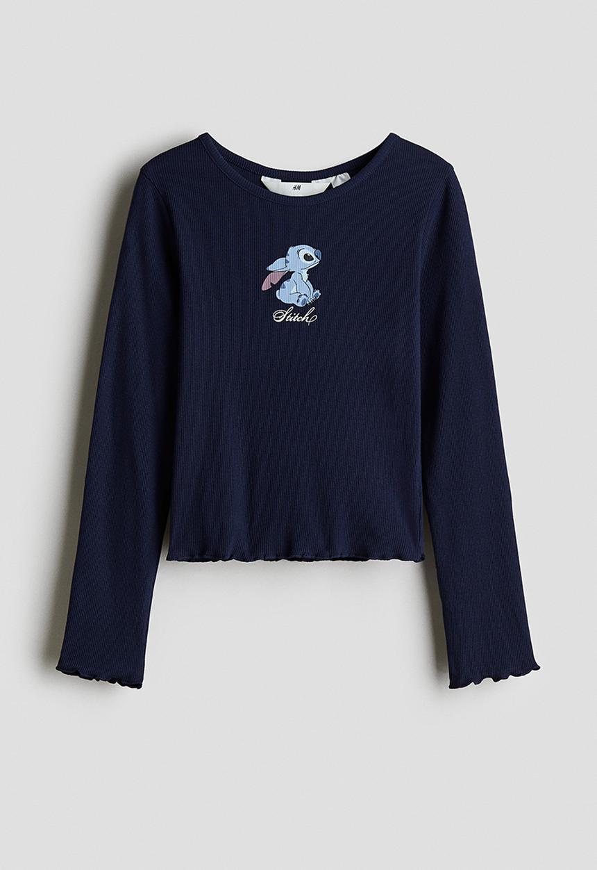 H&M - Print-motif cotton top - navy blue/lilo & stitch