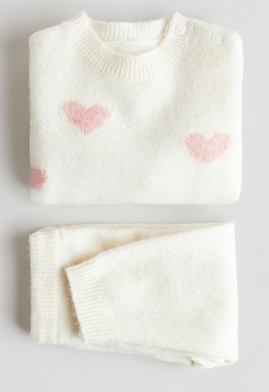 H&M - 2-piece knitted set - light beige/hearts