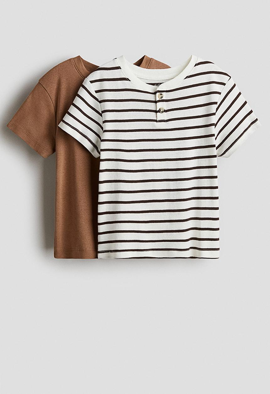 H&M - 2-pack henley t-shirts - white/striped