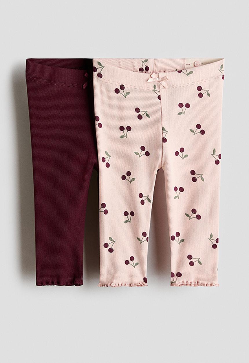 H&M - 2-Pack ribbed cotton leggings - light dusty pink/cherries