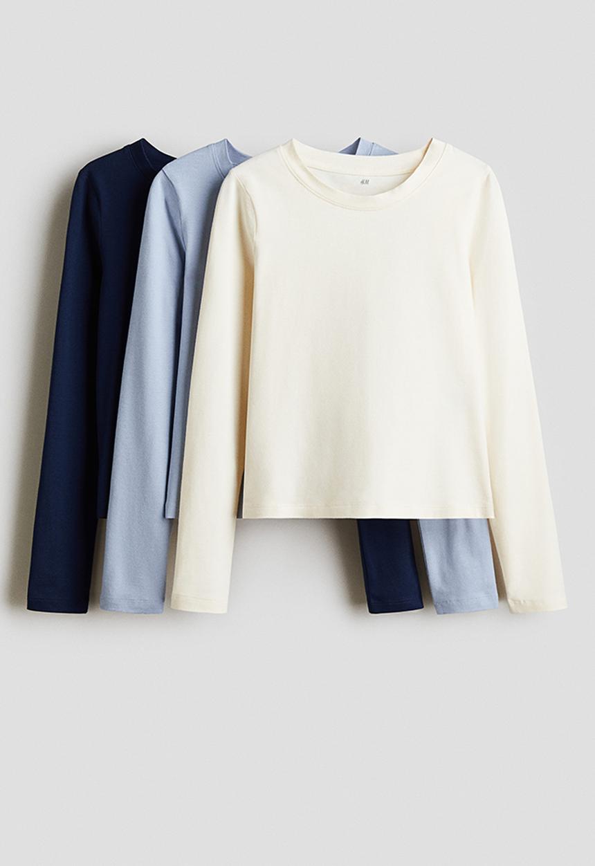 H&M - 3-pack cotton tops - dark blue/light beige