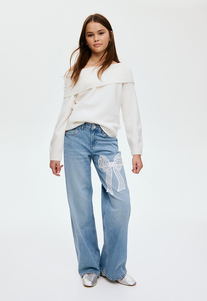H&M - Relaxed wide leg jeans - denim blue/bow