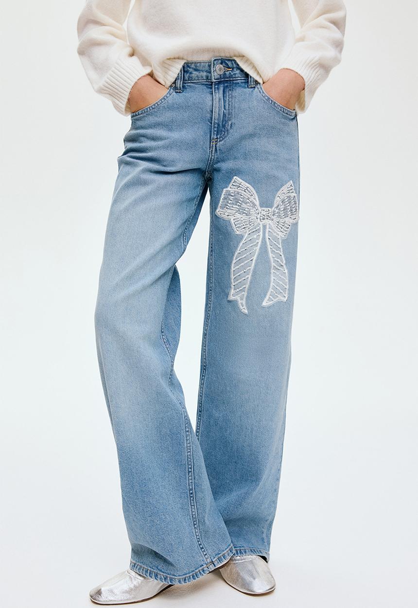 H&M - Relaxed wide leg jeans - denim blue/bow