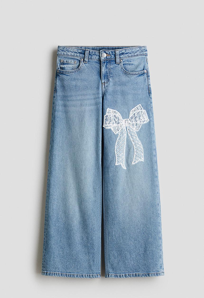 H&M - Relaxed wide leg jeans - denim blue/bow