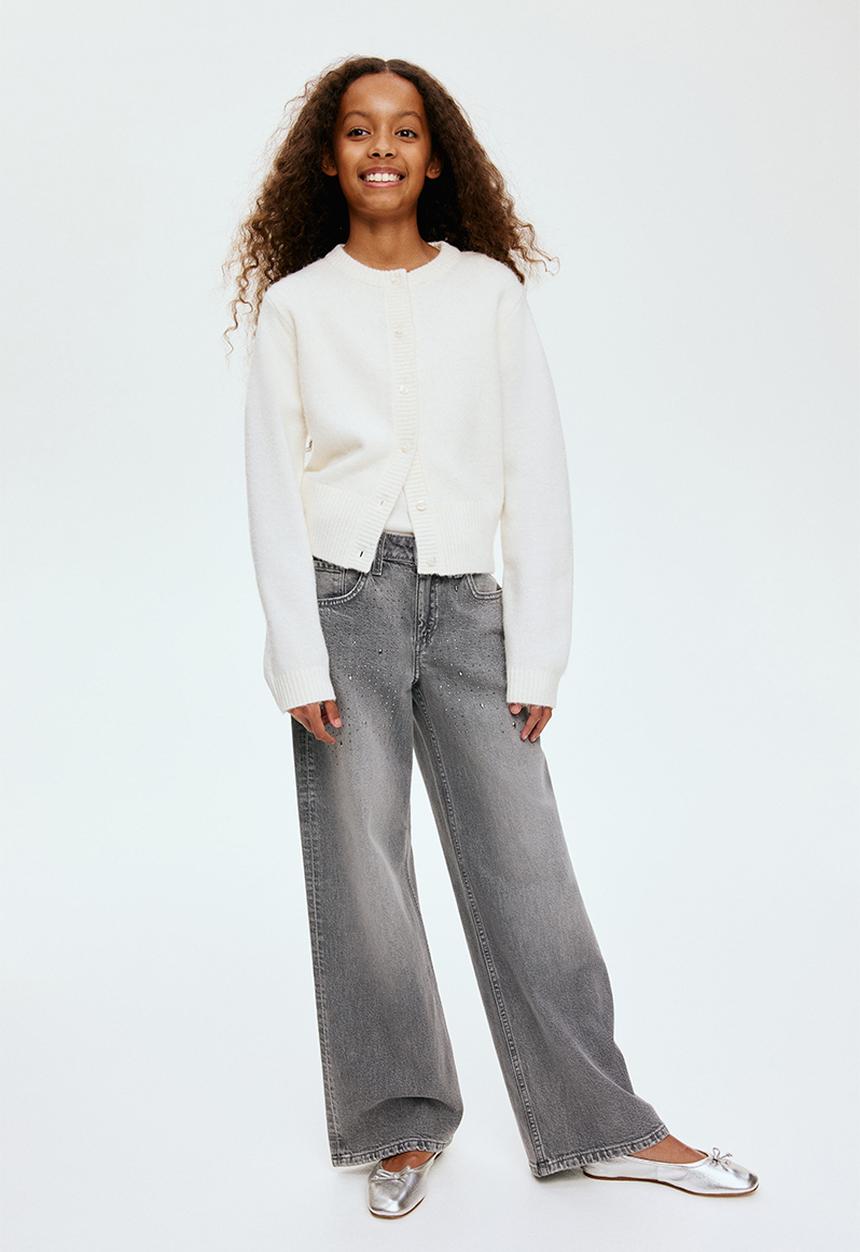 H&M - Relaxed wide leg jeans - light grey/rhinestones