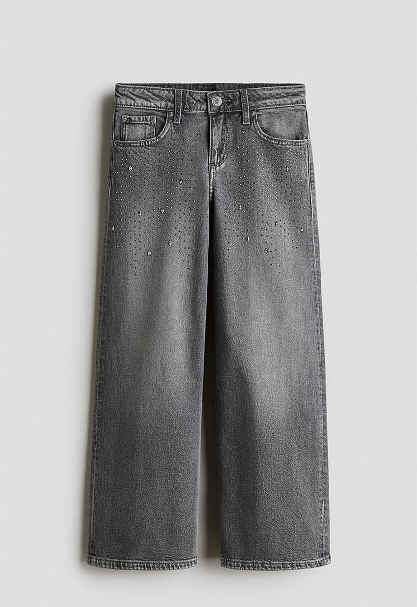 H&M - Relaxed wide leg jeans - light grey/rhinestones