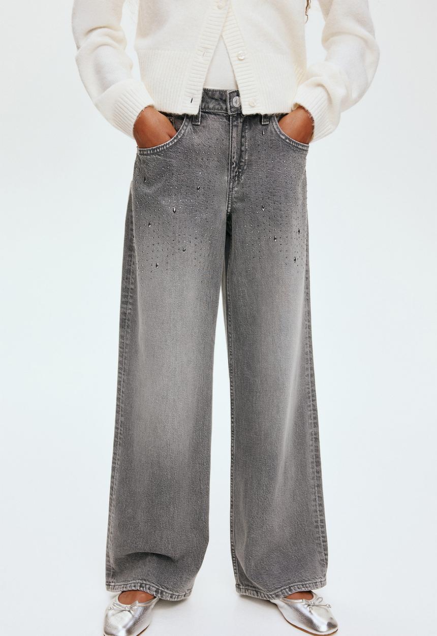 H&M - Relaxed wide leg jeans - light grey/rhinestones