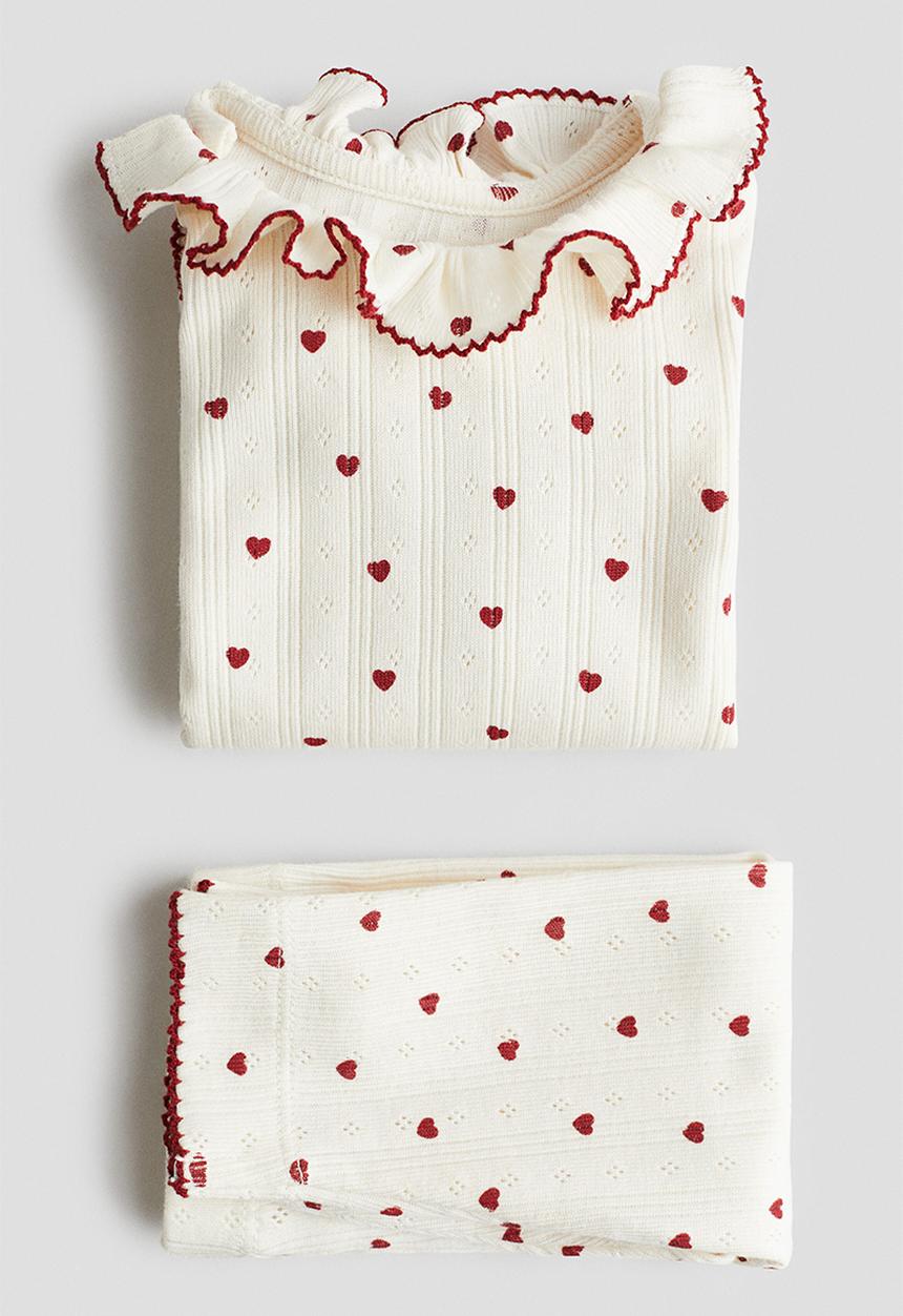 H&M - 2-piece cotton jersey set - light beige/hearts