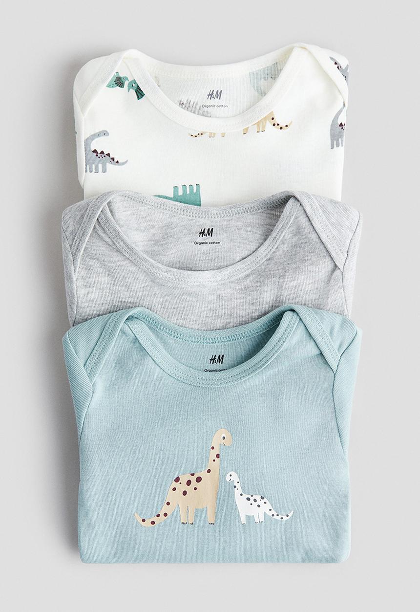 H&M - 3-pack printed jersey bodysuits - turquoise/dinosaurs