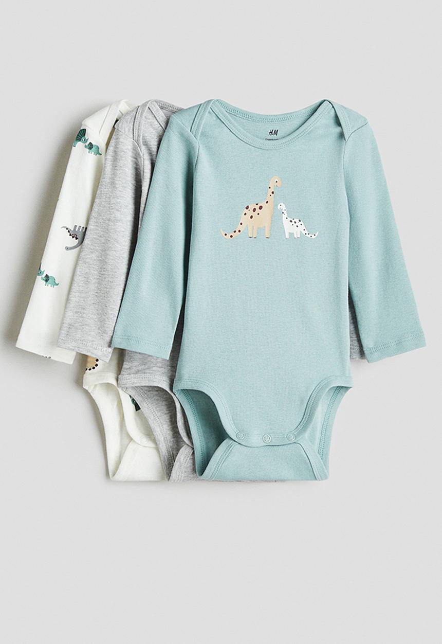H&M - 3-pack printed jersey bodysuits - turquoise/dinosaurs