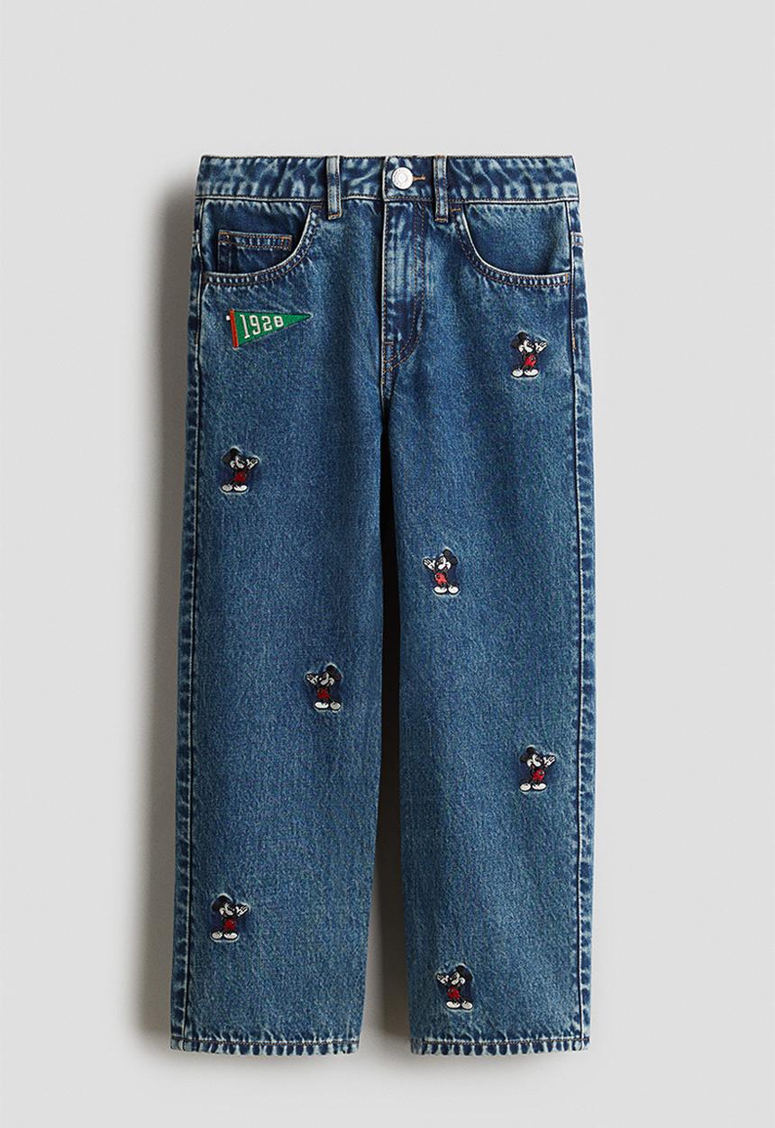 H&M - Embroidered-detail loose fit jeans - denim blue/mickey mouse