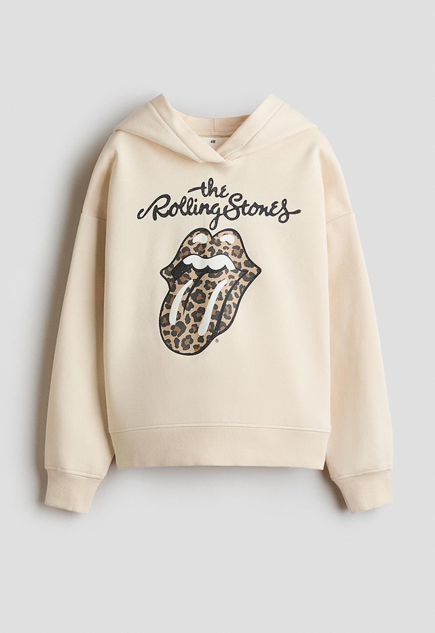 H&M - Printed brushed-inside hoodie - light beige/the rolling stones