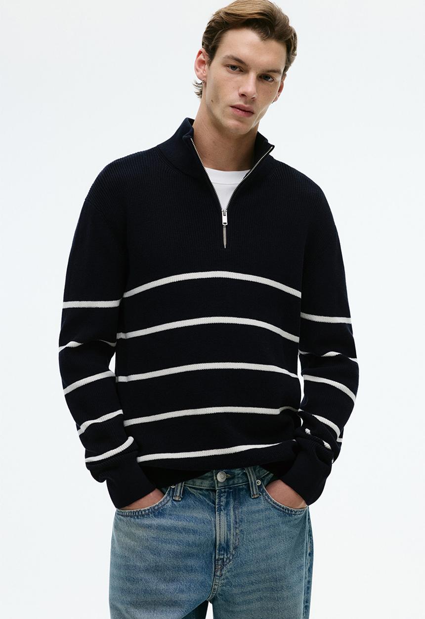 H&M - Regular fit zip-top jumper - navy blue/striped