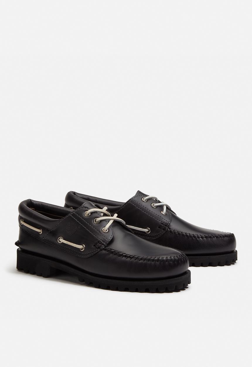 靴 TIMBERLAND AUTHENTIC BOAT SHOE Black Timberland Authentic Boat Shoe - Black Fgrain W Md Brown