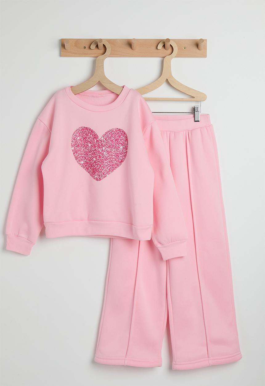 Pop Candy - Glitter heart sweatshirt with pin tuck sweatpants - pink