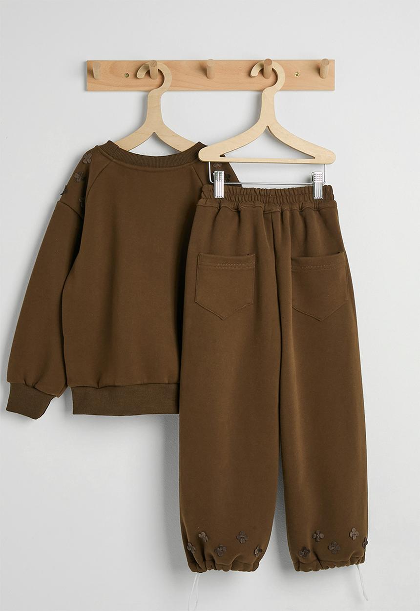 Pop Candy - Floral applique sweatshirt with drawstrings sweatpants - chocolate