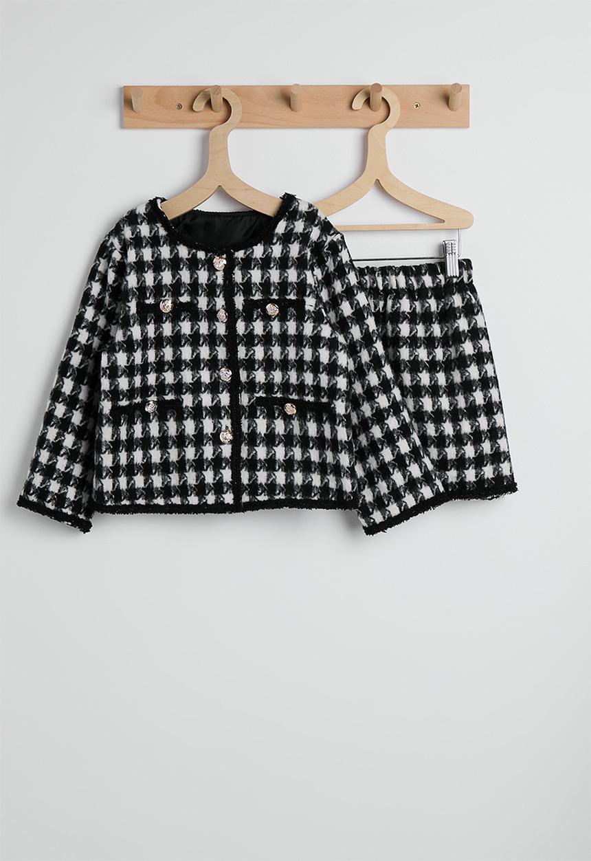Pop Candy - Houndstooth printed wool-blend jacket and skirt - black