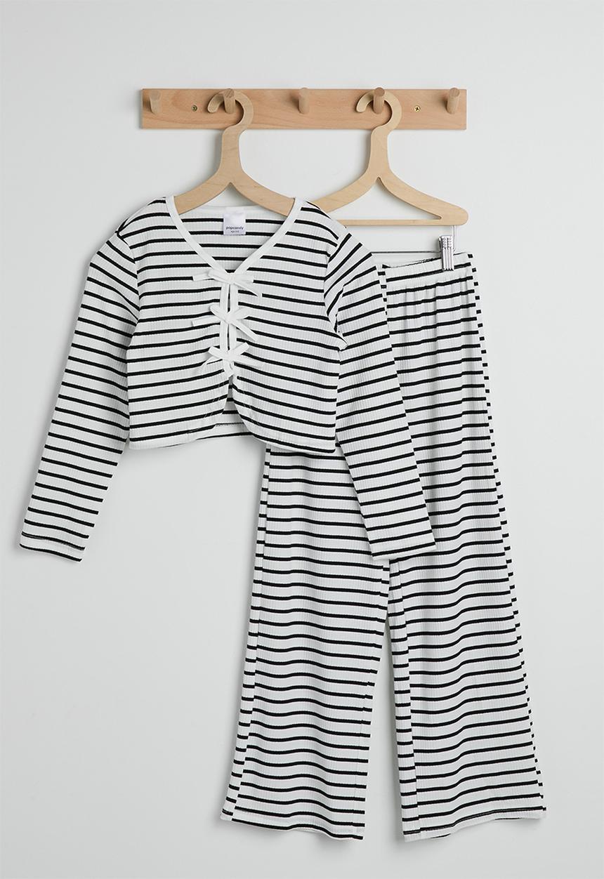 Pop Candy - Ribbed bow closure top with wide leg pants - black stripe