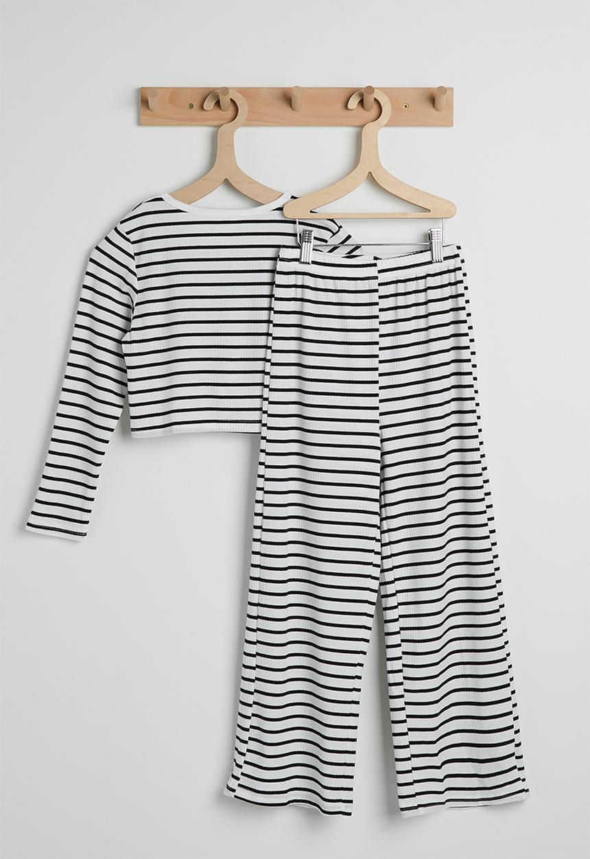 Pop Candy - Ribbed bow closure top with wide leg pants - black stripe