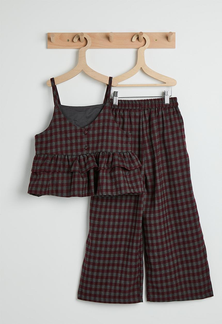 Pop Candy - Gingham peplum camisole & pants - maroon/grey