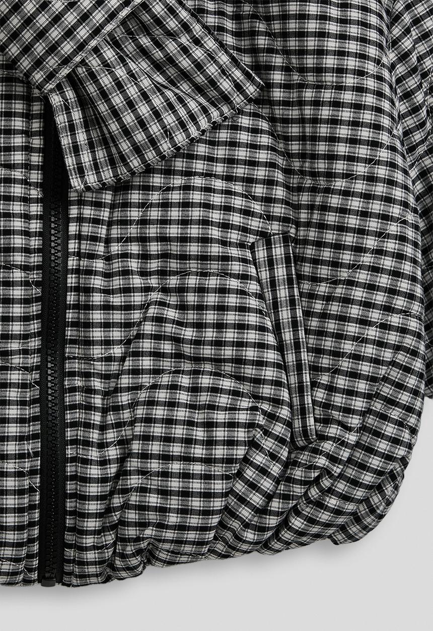 Pop Candy - Checkered collarless puffer jacket with scarf - black