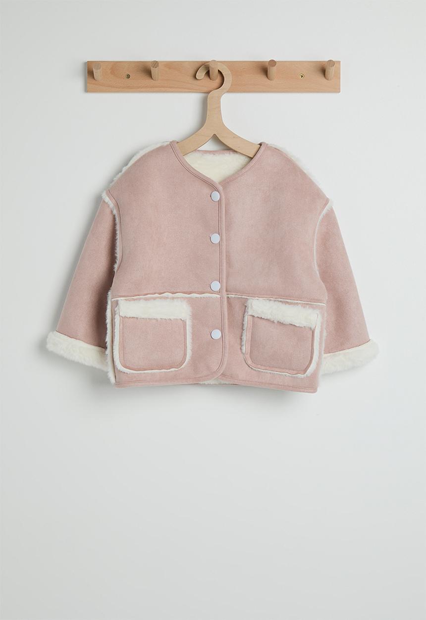 Pop Candy - Faux suede-fur collarless jacket with keyhole scarf - soft pink