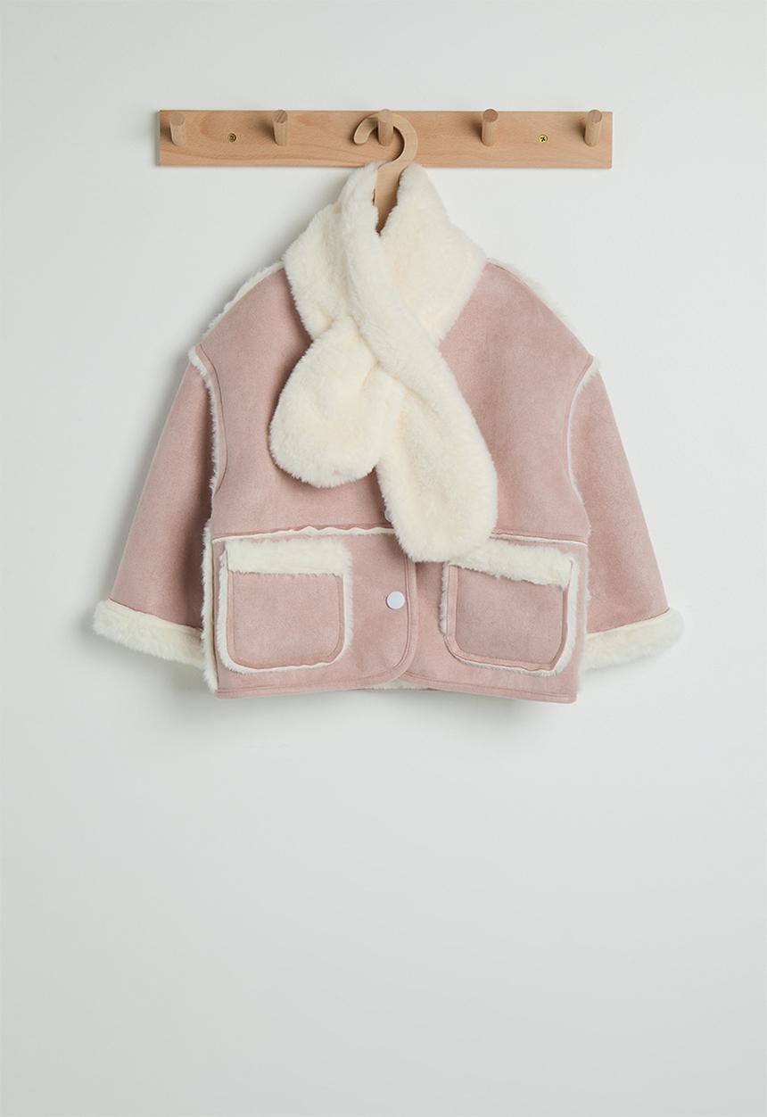 Pop Candy - Faux suede-fur collarless jacket with keyhole scarf - soft pink