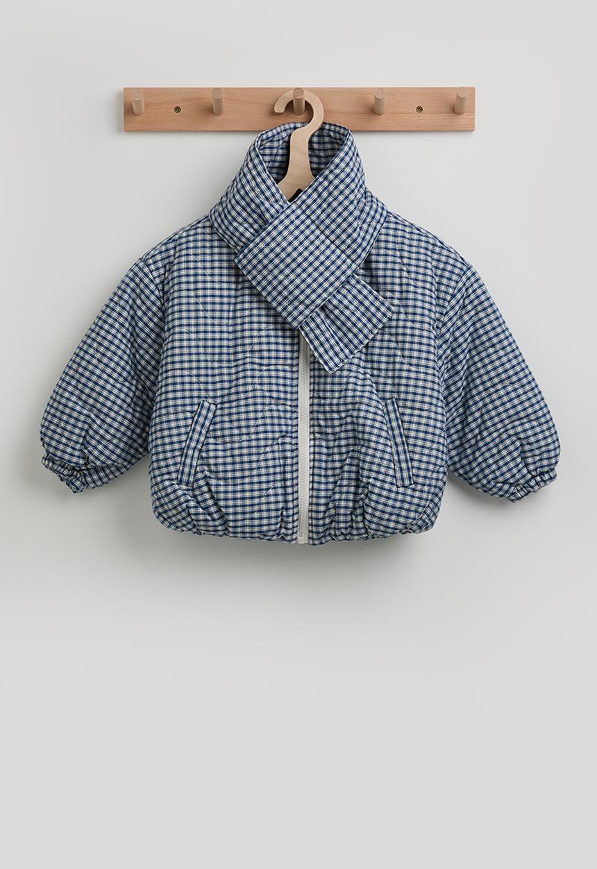 Pop Candy - Checkered collarless puffer jacket with scarf - navy