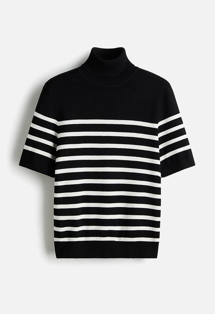 H&M - Fine-knit polo-neck top - black/striped