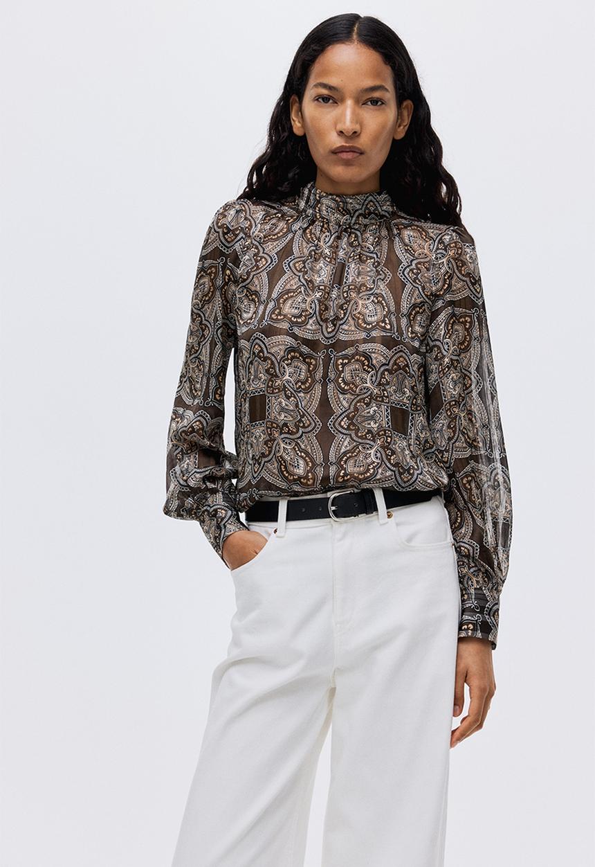 Stand - collar blouse - khaki green/paisley pattern - 1292620006