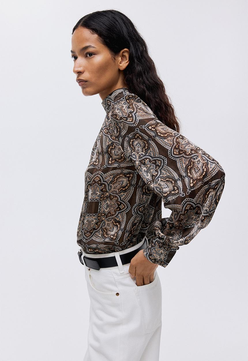 H&M - Stand-collar blouse - khaki green/paisley pattern