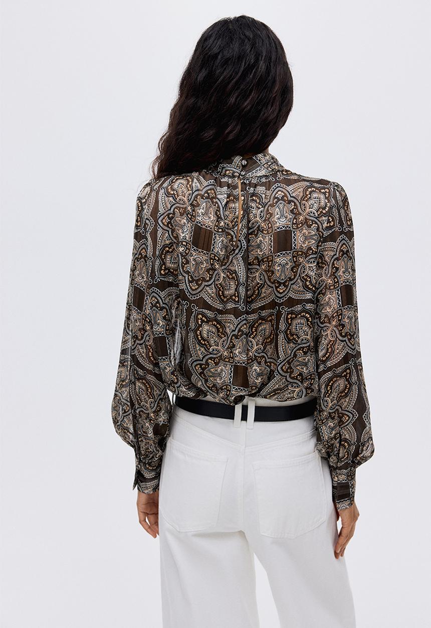 H&M - Stand-collar blouse - khaki green/paisley pattern