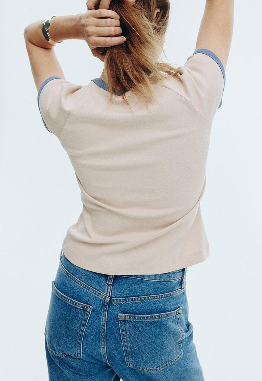 H&M - Raglan-sleeved t-shirt - light beige/dusty blue