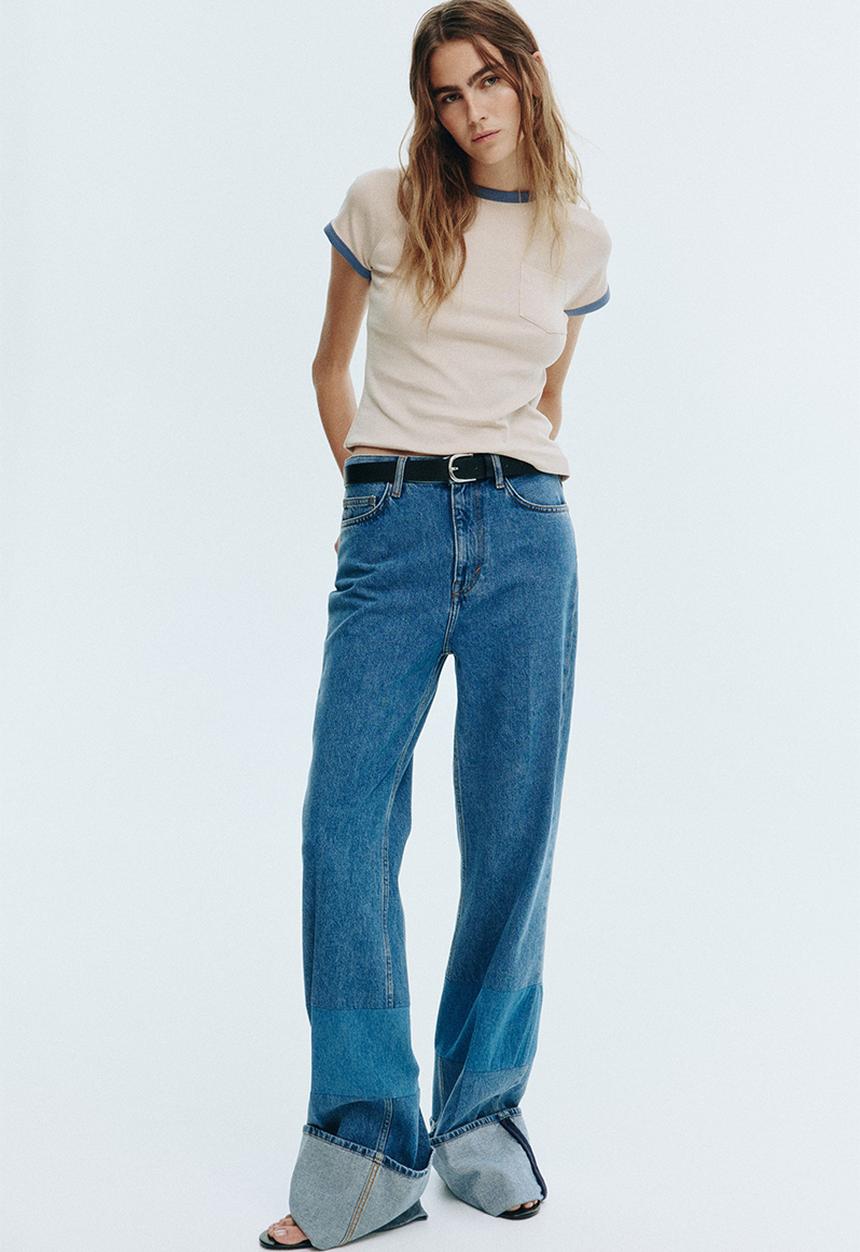 H&M - Raglan-sleeved t-shirt - light beige/dusty blue