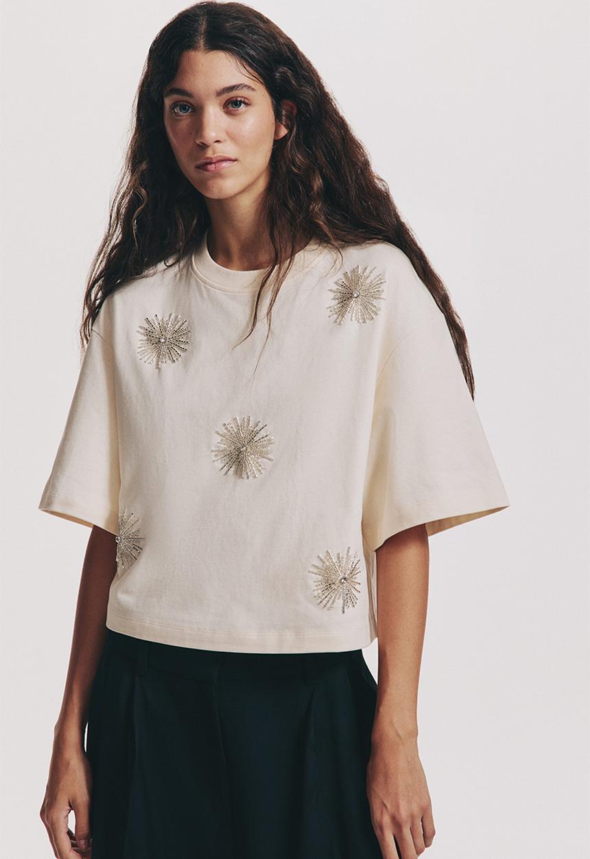 H&M - Embellished t-shirt  - cream