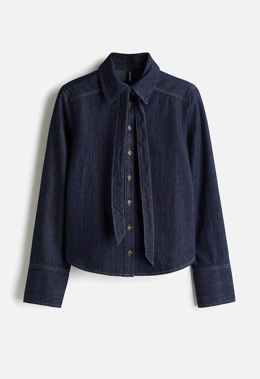 H&M - Bow-detail denim blouse - dark denim blue