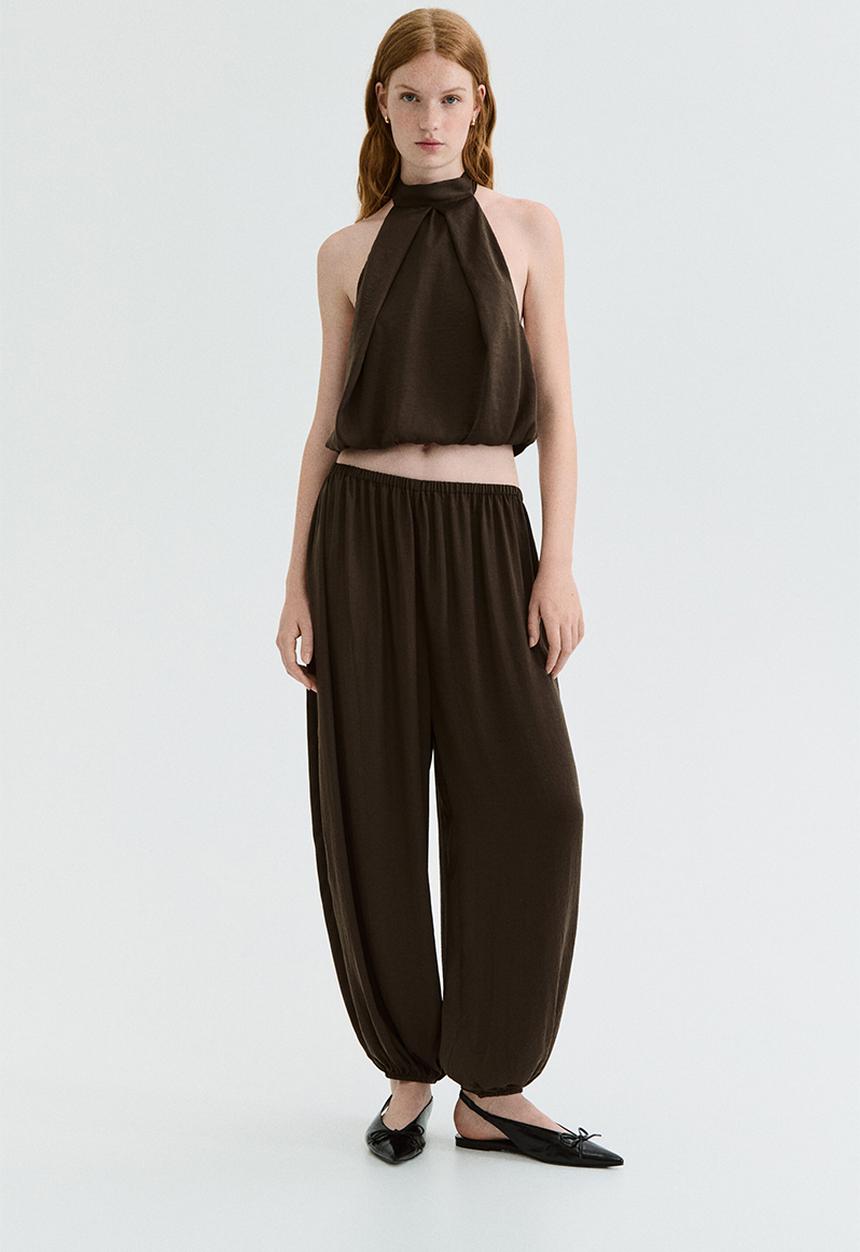 H&M - Balloon-leg satin trousers - dark brown