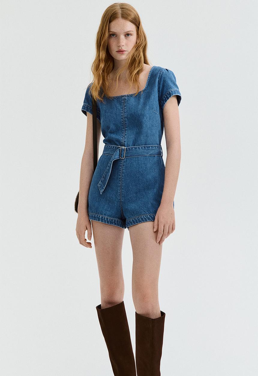H&M - Belted denim playsuit - denim blue