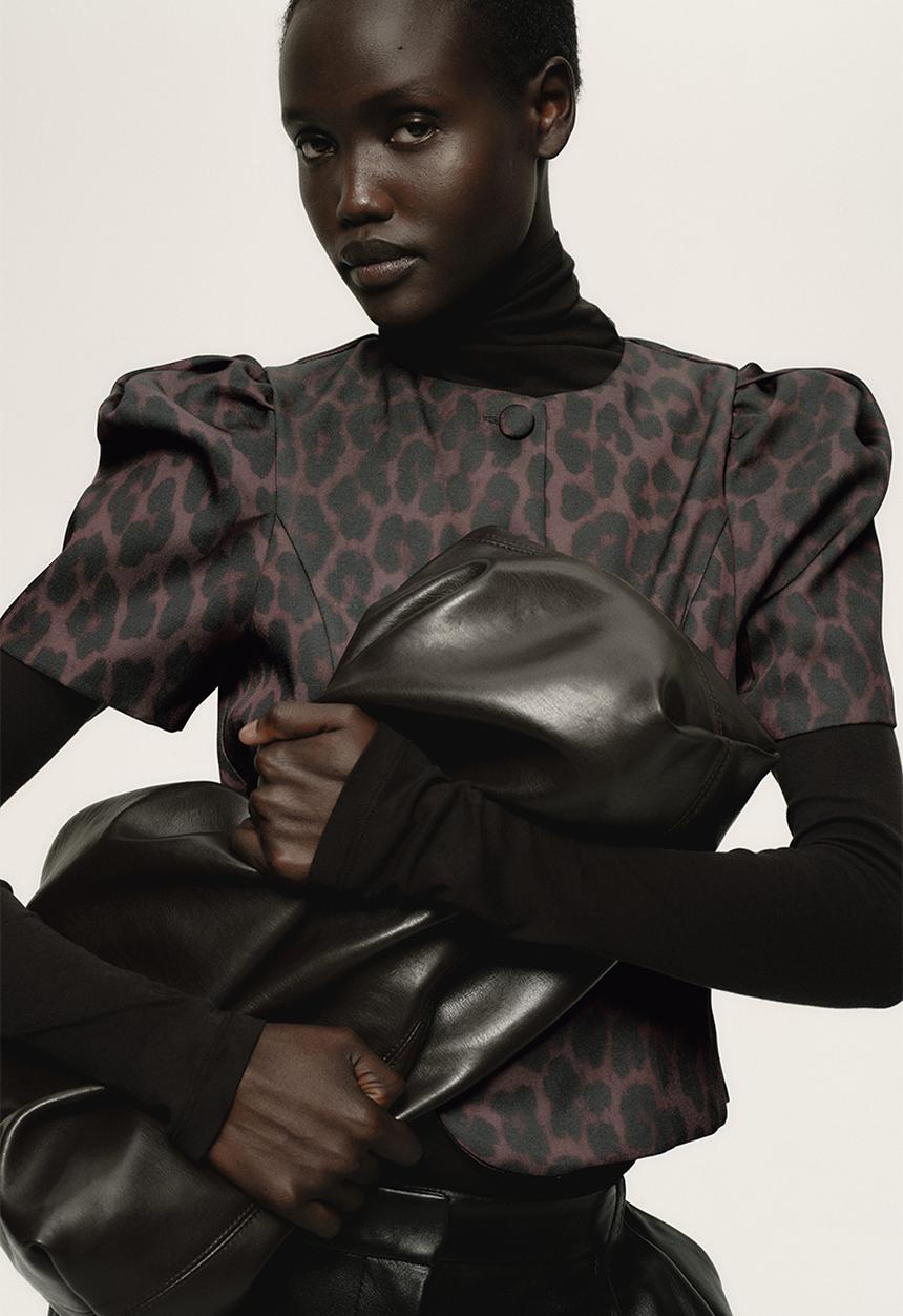 H&M - Puff-sleeved blouse - dark brown/leopard print