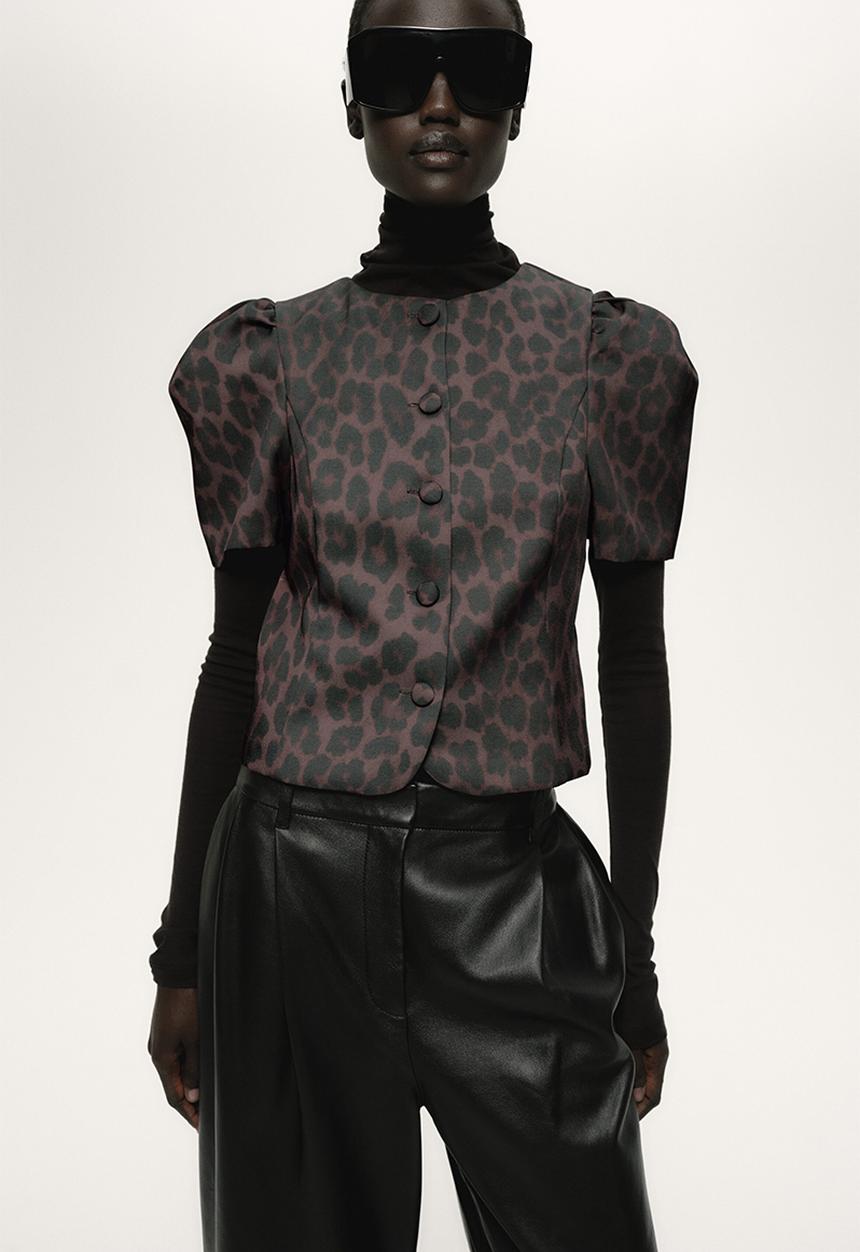 H&M - Puff-sleeved blouse - dark brown/leopard print