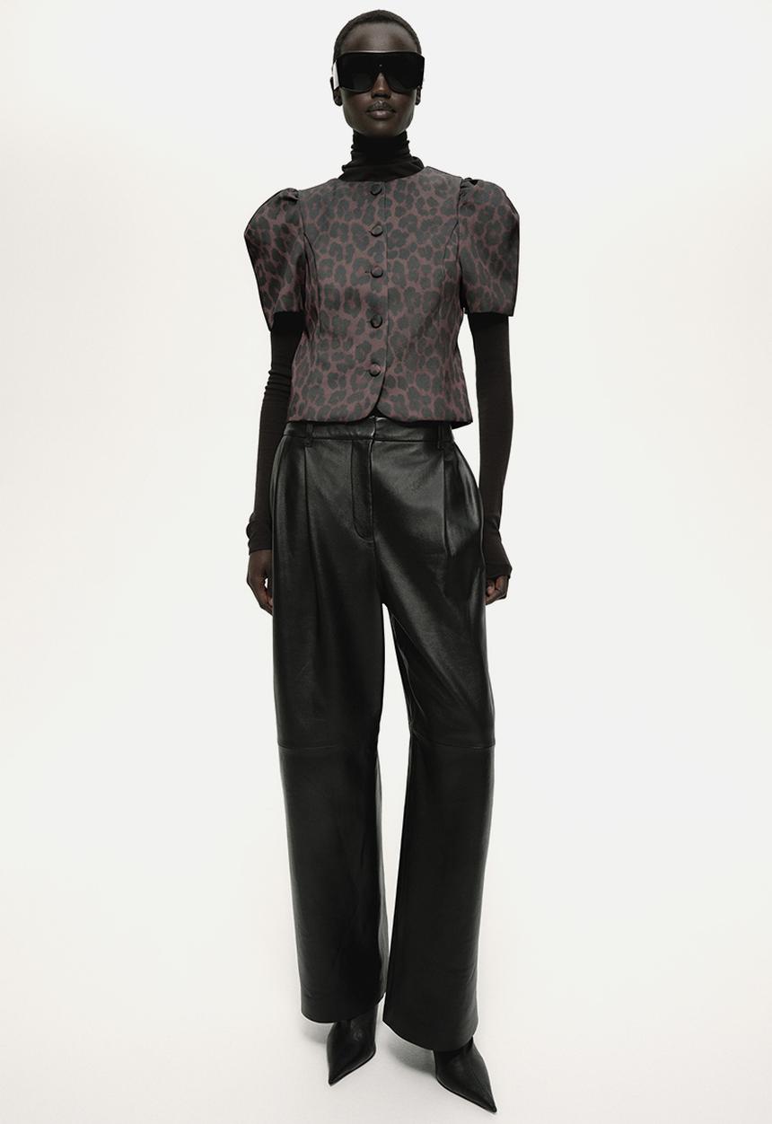 H&M - Puff-sleeved blouse - dark brown/leopard print