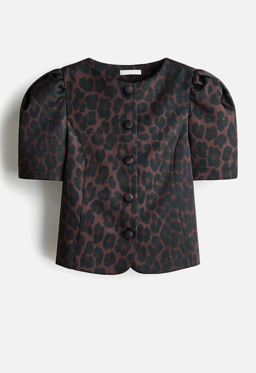 H&M - Puff-sleeved blouse - dark brown/leopard print