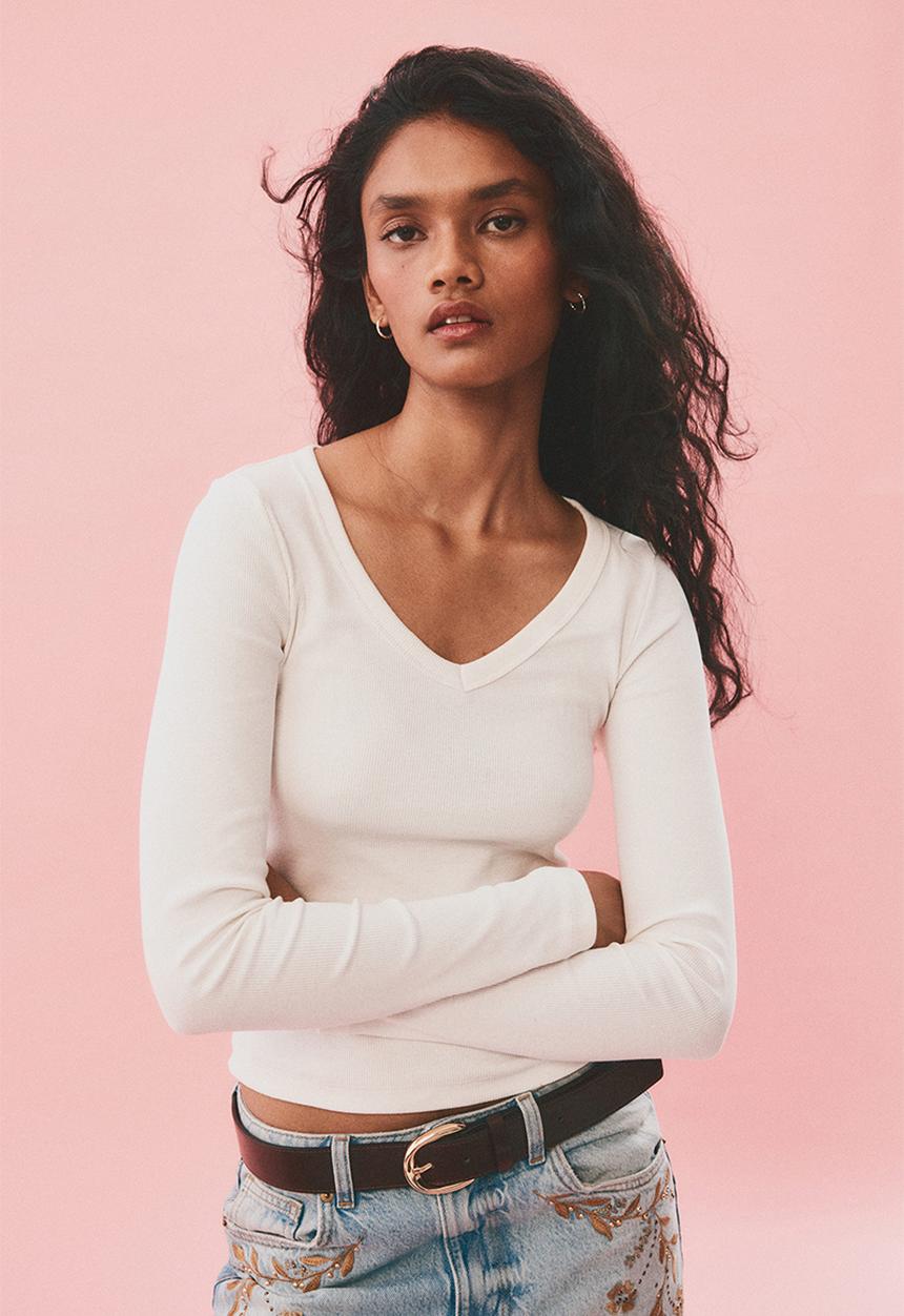 V - neck cotton top - white - 1300928002