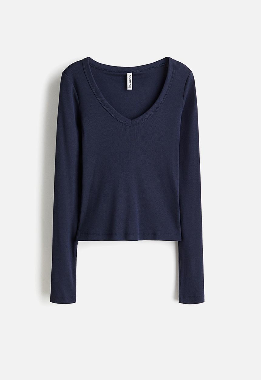 V-neck cotton top - dark blue - 1300928003