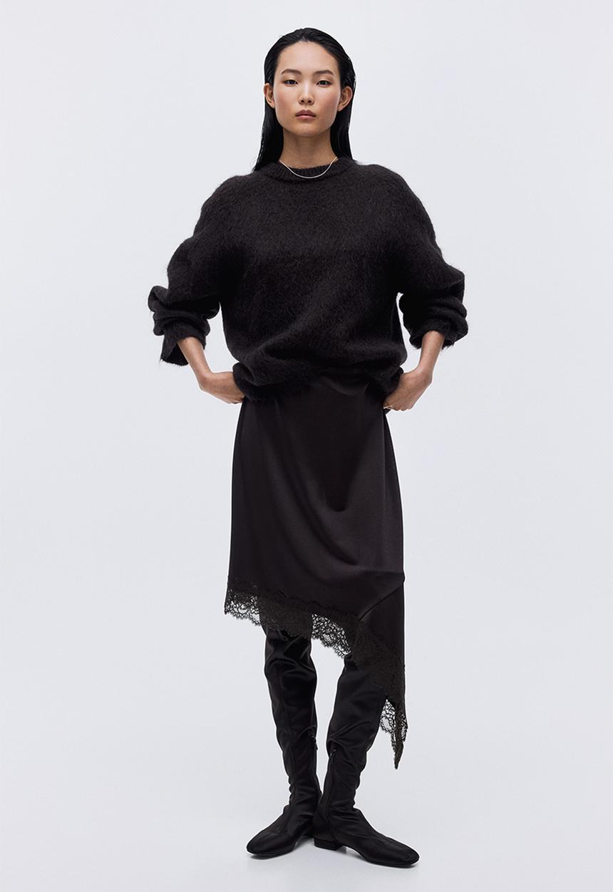 H&M - Asymmetric lace-trimmed skirt - dark brown