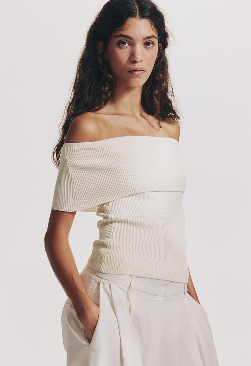 H&M - Rib-knit off-the-shoulder top - cream