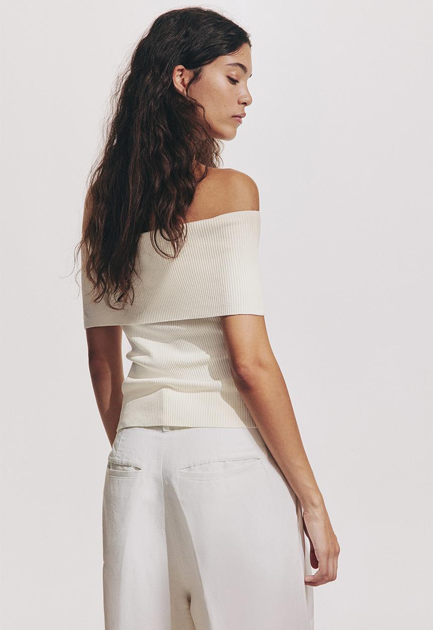 H&M - Rib-knit off-the-shoulder top - cream